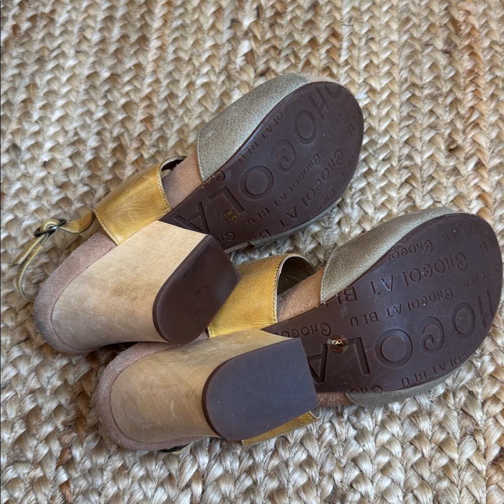 Chocolat Blu 8.5 Grey Yellow Color Block Wood Sandals Heels Samba 8.5 - Picture 6 of 7